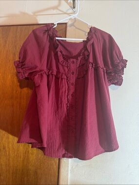 SHEIN Ruffle-Trim Button Front Blouse in Burgundy